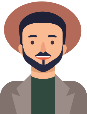 A vector graphic illustration of a man with black hair and a beard wearing a green shirt, a grey blazer, and a brown, wide brim hat.