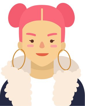 A vector graphic illustration of a young woman with pink hair and large hoop earrings wearing a white shirt and a sherpa jacket.