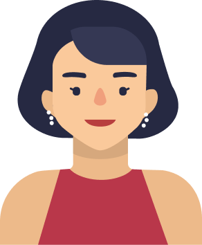 A vector graphic illustration of a woman with short black hair wearing a red business blouse and small earrings. 