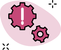 An icon of two cogs, one with an exclamation point inside to represent challenges.