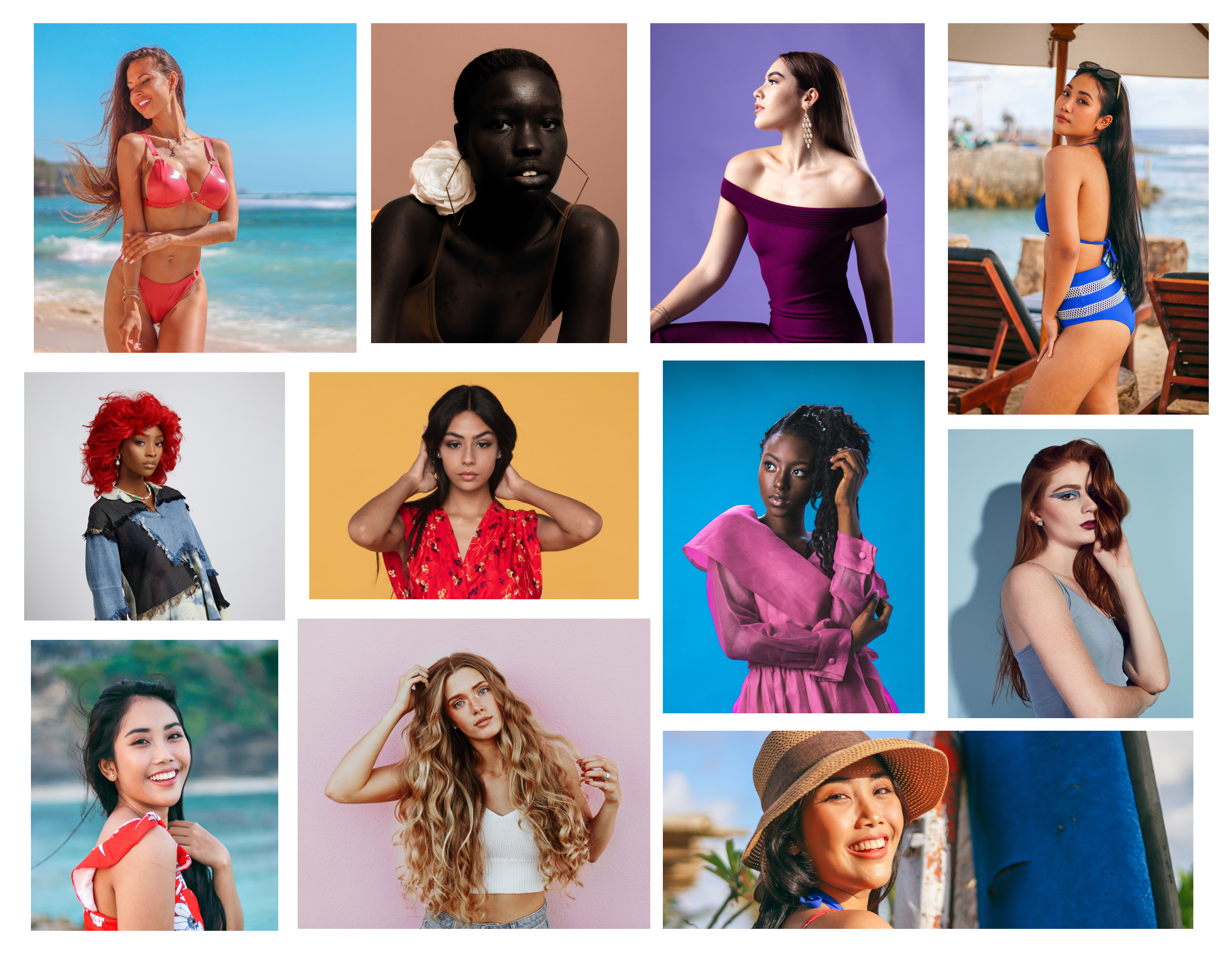 A vibrant and diverse mood board capturing the essence of inclusivity in Dinair Airbrush Makeup's UX redesign. The image showcases a variety of skin tones, ethnicities, and age groups, reflecting the commitment to representing and celebrating the beauty of a diverse user base.