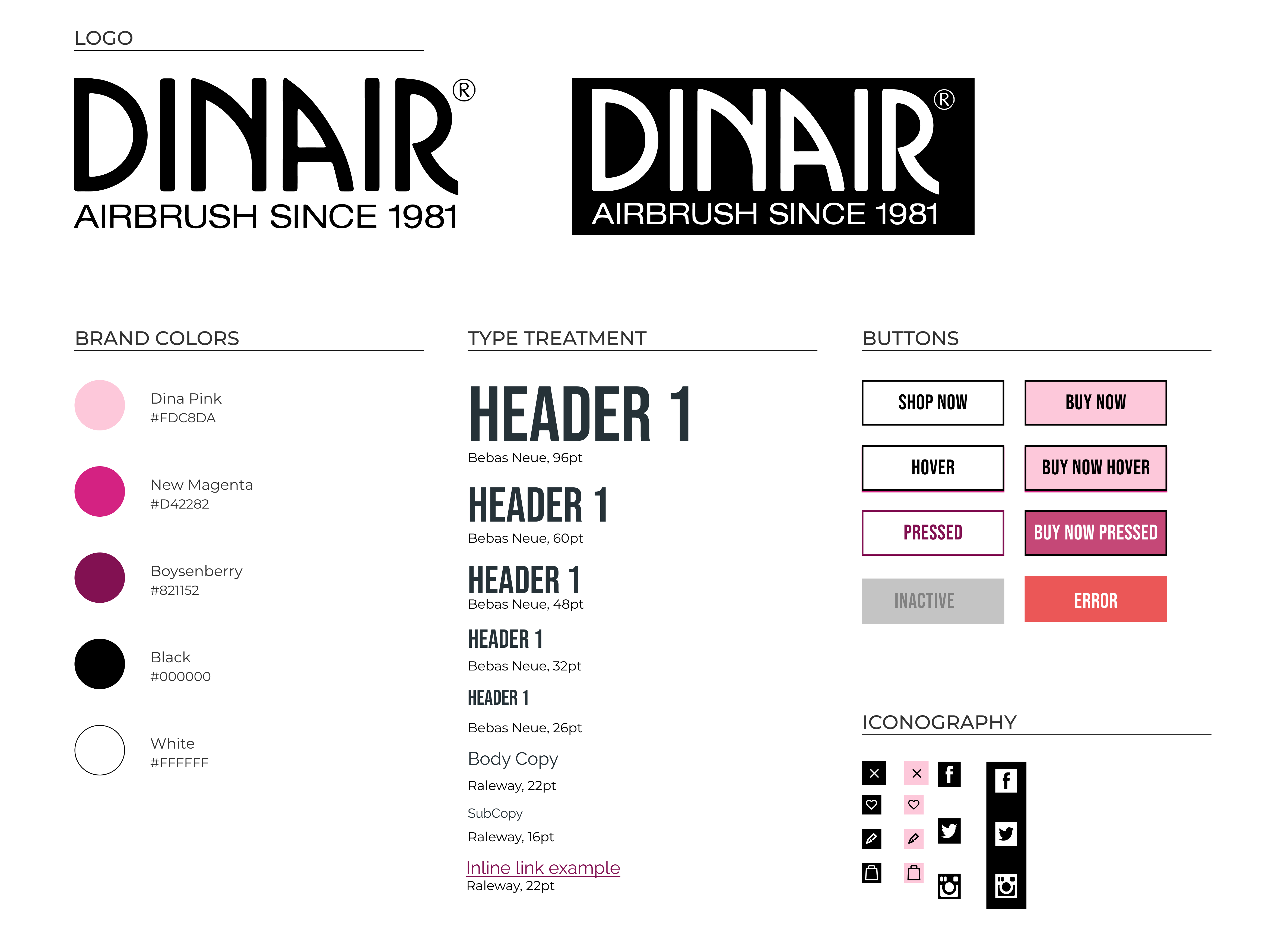 An illustrative image presenting the meticulous style guide for Dinair's Airbrush Makeup, offering a detailed visual reference for brand colors, typography, and design elements.