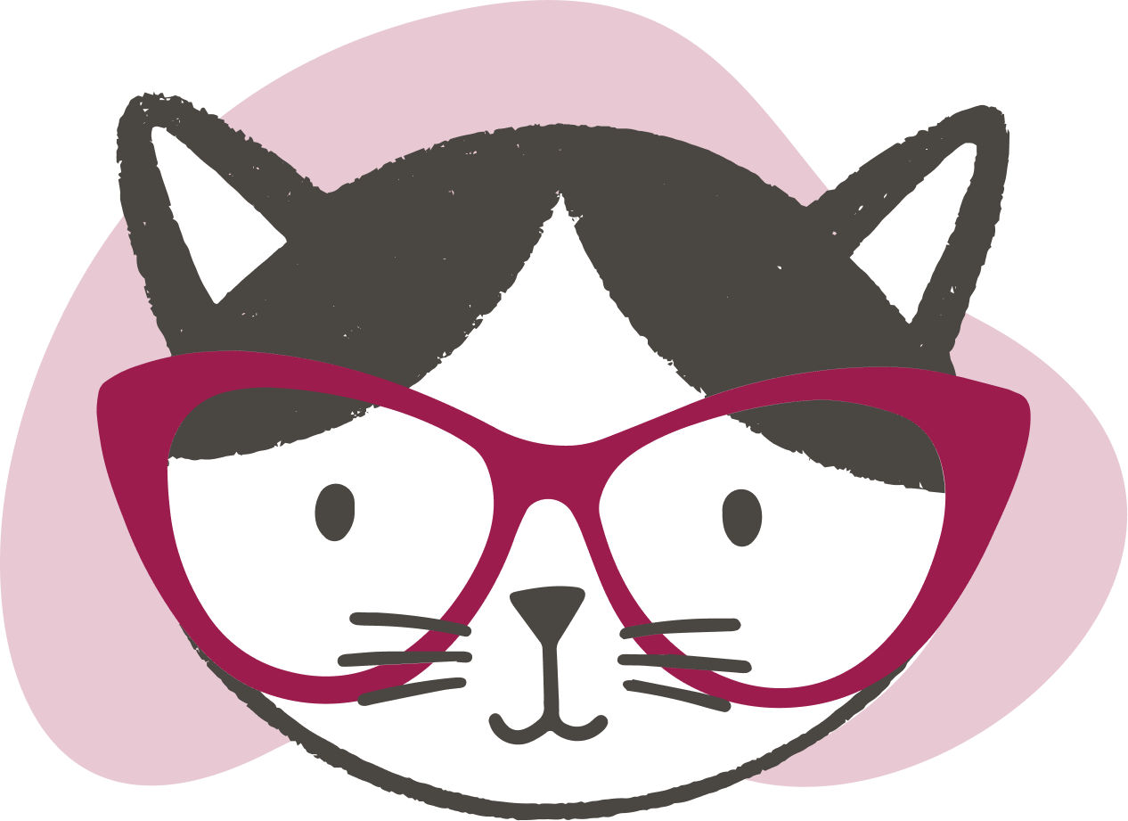 An image of a black and white cat with raspberry colored glasses on a light pink background.